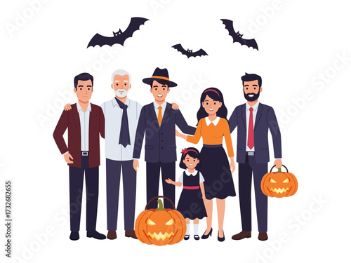Halloween Gathering: A family gathers in festive attire for a Halloween celebration, surrounded by playful elements of the spooky season.