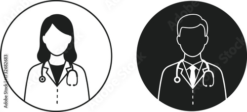 Medical professional icons, male and female doctor symbols, stethoscope figures, healthcare diversity, black contour, white background, minimal style, clinical design