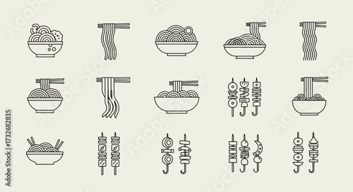 Collection of Asian Noodle Dishes and Skewers in Outline Style.