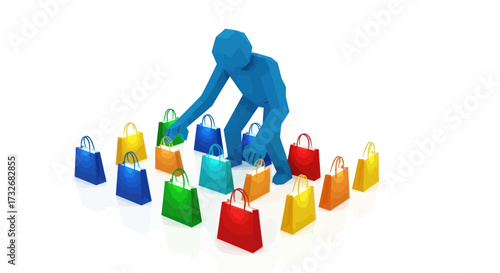 Blue stylized 3D figure choosing from many colorful shopping bags.