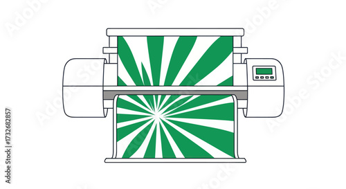 Wide format printer creating a green sunburst design illustration.