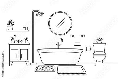Minimalist Bathroom Interior Design with Bathtub Shower Toilet and Vanity Clean Aesthetic and Serene Ambiance Ideal for Relaxation and Modern Living