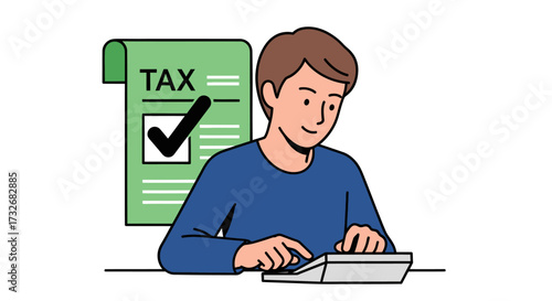 A young man diligently calculating his annual taxes with a calculator.
