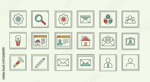 Collection of business and technology icons in a grid layout.