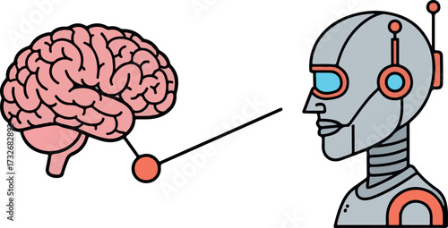 Conceptual Illustration of Human Brain Connected to Robot Head, Representing AI Development