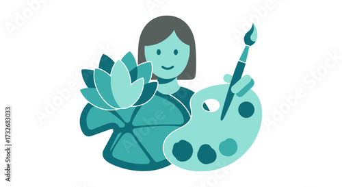 Stylized illustration of a female artist with a palette and lotus flower.