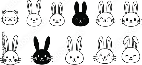 Set of twelve cartoon animal faces featuring rabbits and one cat, with varied expressions and ear styles, ideal for design