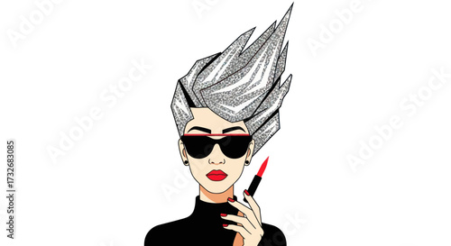 Stylish woman with spiky silver hair and sunglasses holding lipstick.