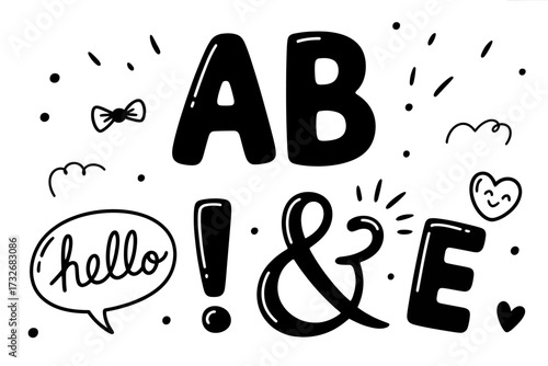 Playful Doodle Art with Letters and Symbols A B E and exclamation point for creative designs and illustrations