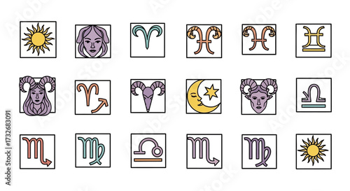 Collection of colorful astrological zodiac signs and symbols.