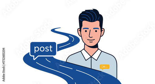 Illustration of a young man on a conceptual content posting journey.