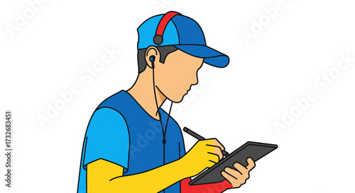 Young digital artist sketching on a graphic tablet while listening to music.