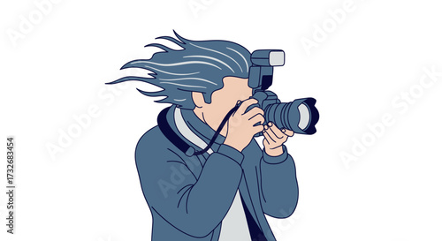 Vector illustration of a photographer with windblown hair taking a picture.
