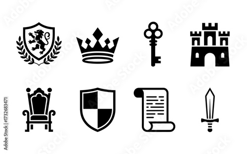 Medieval Kingdom Symbols Collection Featuring Shield Crown Key Castle Throne and Sword for Historical Design Elements