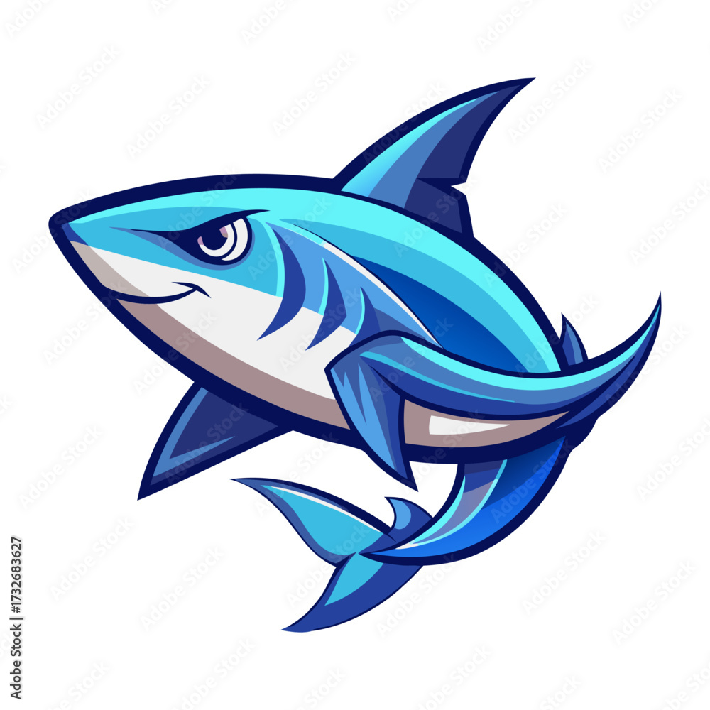 Obraz premium Majestic cartoon shark mascot, vibrant blue predator for gaming logo, esports team, or ocean conservation campaign material, originally vector graphic