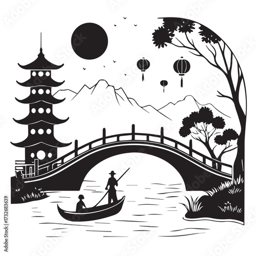 A serene asian landscape illustration isolated on white background featuring a pagoda, bridge, boat, and mountains, evoking a sense of tranquility and traditional oriental art