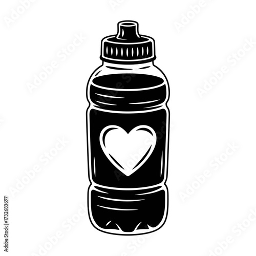 Black and White Water Bottle with Heart Shape Symbol for Fitness and Healthy Hydration Concept Artwork