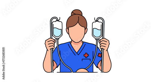 Female nurse in blue scrubs holding two intravenous bags.