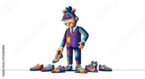 Stylized businessman in a colorful suit choosing from many sneakers.