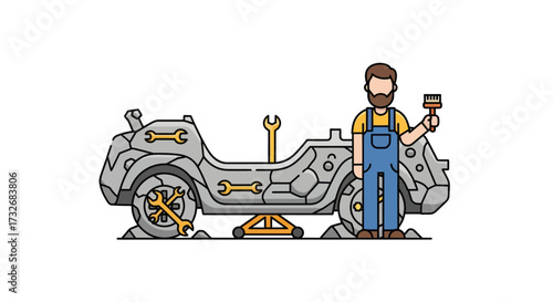 Bearded Mechanic in Overalls Fixing an Ancient Stone Automobile.