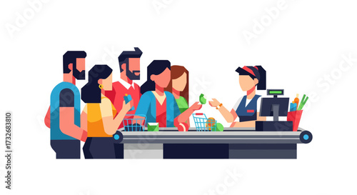 Customers waiting in a long queue at the supermarket checkout counter.