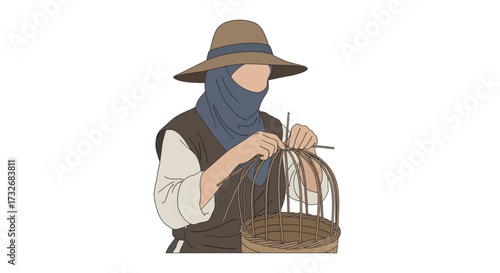 Illustration of a person in a hat and face covering crafting a birdcage.