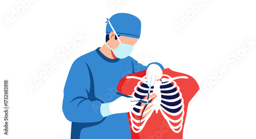 Surgeon in scrubs performing thoracic surgery on a rib cage model.