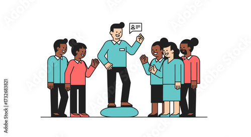 Charismatic male leader giving a speech to a diverse team.
