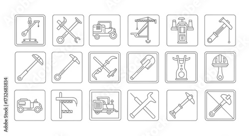 Collection of Construction and Repair Tools Icons in Outline Style.
