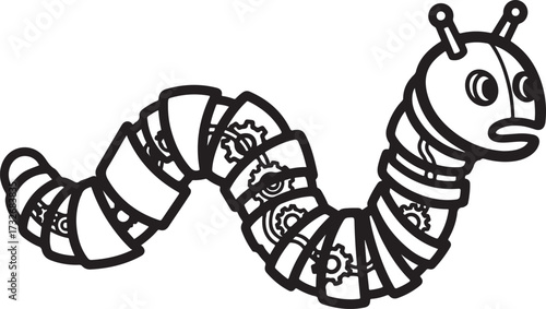 Black and White Robotic Caterpillar Illustration with Visible Gears
