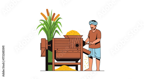 Indian farmer operating a traditional wooden threshing machine.