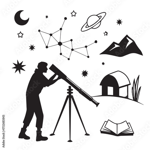Detailed black and white illustration isolated on white background of an astronomer with a telescope observing celestial objects, including stars, planets, constellations, and a mountain landscape
