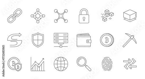 Collection of Cryptocurrency and Blockchain Technology Icons.