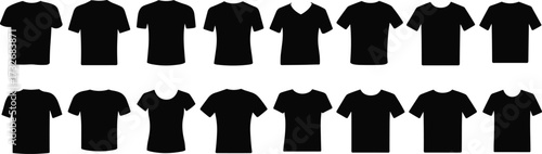 T-shirt silhouette collection, black fashion icon set, neckline variations, apparel design, clothing template, casual wear, garment shape, retail, textile, style