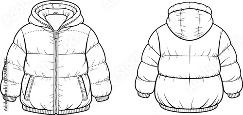 Technical fashion flat, hooded puffer jacket front and back view, vector illustration, apparel design template, quilted sections, zipper closure, ribbed cuffs, hem