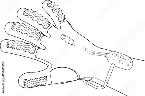 Technical Illustration of a Hand-Worn Device Glove with Finger Pads and Wrist Control