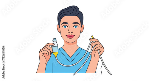 Young male nurse in blue scrubs holding an intravenous drip bag.