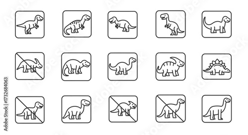 Collection of Dinosaur Icons with Variations and Prohibitions.