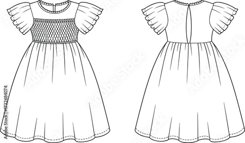 Technical fashion flat, girls dress front and back view, vector illustration, apparel design template, smocked bodice, puff sleeves, ruffle details, gathered skirt