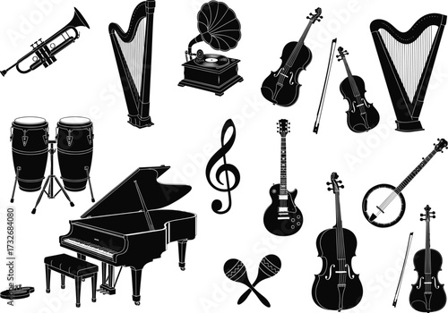 Black Silhouettes of Musical Instruments Including Guitar, Piano, Violin, Harp, Banjo, Trumpet, Drums, Gramophone, Maracas, and Treble Clef