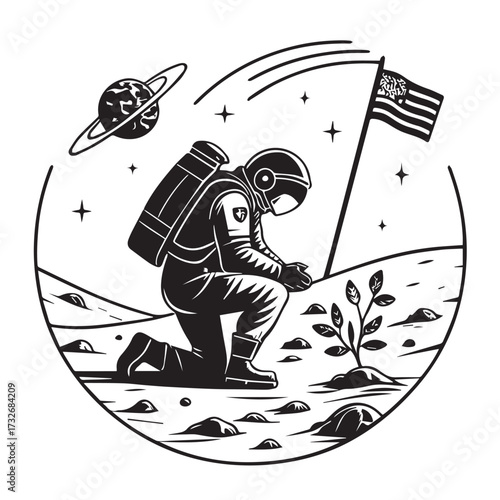 Lunar pioneer isolated on white background an astronaut kneels on the moon, tending to a plant under the watchful gaze of a planet and the american flag, symbolizing hope and growth