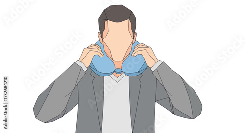 Man in a jacket adjusting a light blue travel neck pillow.