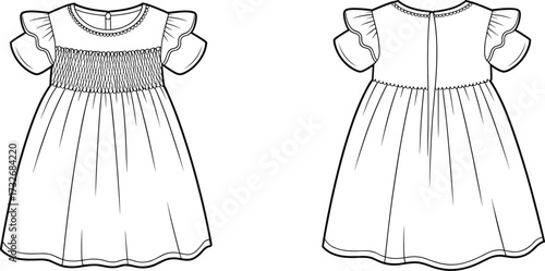 Technical fashion flat, girls dress front and back view, vector illustration, apparel design template, smocked bodice, ruffle sleeves, gathered skirt, keyhole closure