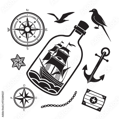 Nautical adventure isolated on white background a captivating ship in a bottle surrounded by a compass, anchor, treasure chest, and soaring birds, evoking a sense of maritime exploration and discovery