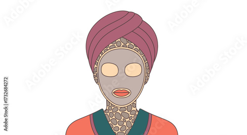 Colorful Illustration of a Woman with a Facial Mask and Turban.