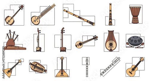 Collection of Diverse Stringed and Percussion Musical Instruments.