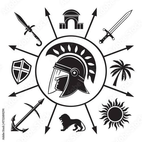 Ancient rome isolated on white background a symbolic representation of roman civilization featuring a gladiator helmet, weapons, architecture, and natural elements, evoking power and legacy