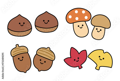A cute set of cartoon autumn elements. Character illustrations of chestnuts, mushrooms, acorns, maple trees, and ginkgo trees. Perfect for educational materials, stickers, and seasonal designs.