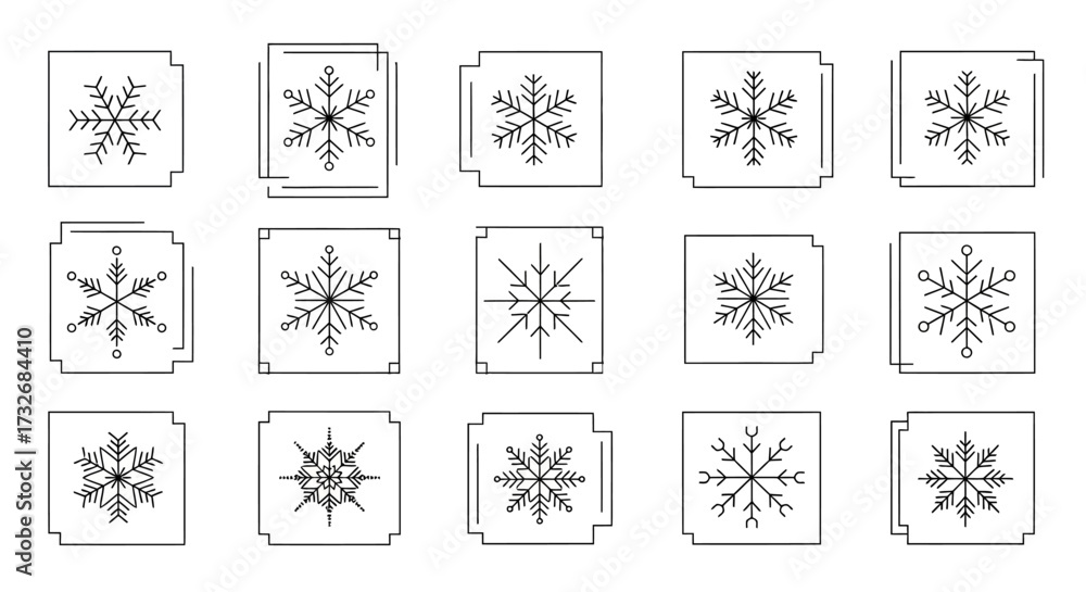 Fototapeta premium Collection of fifteen unique snowflake icons in a grid format.