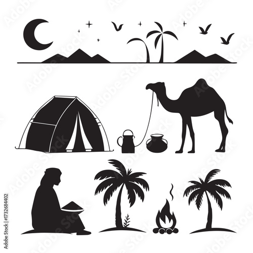 A serene desert landscape isolated on white background features a camel, tent, and various desert elements under a crescent moon and stars, evoking a sense of adventure and tranquility